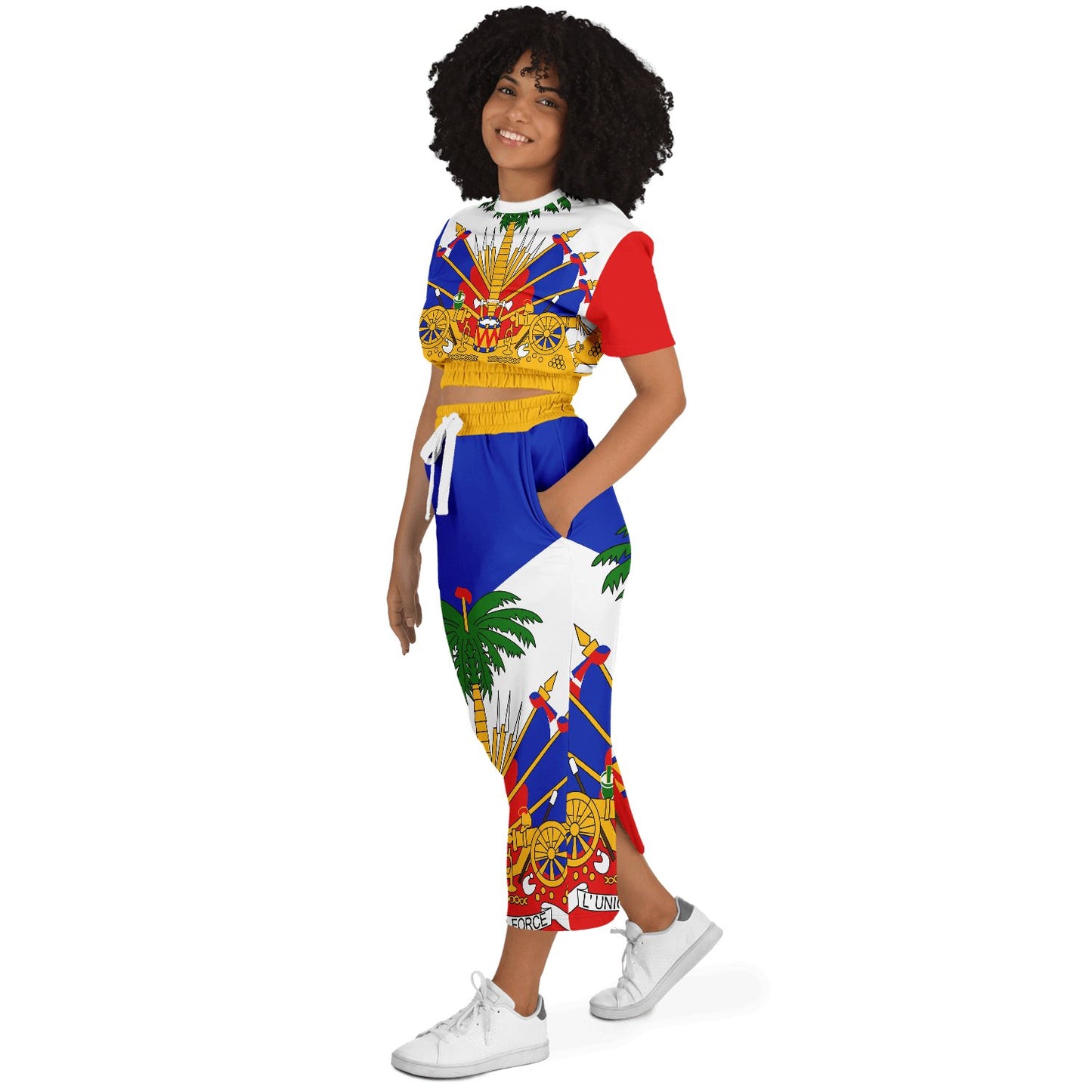 COAT OF ARMS OF HAITI Fashion Cropped Short Sleeve Sweatshirt and Long Pocket Skirt - Haitianbuy