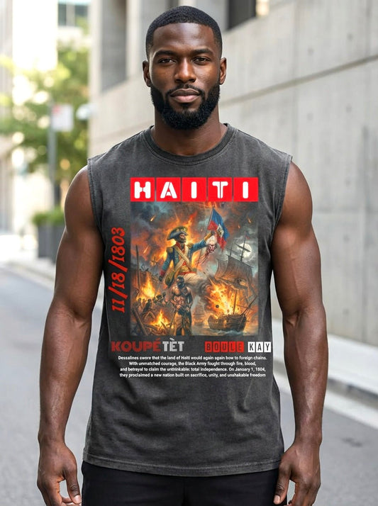 01 - Koupé Tèt, Boulé Kay — Sleeveless Vintage Tee (Black) - Haitianbuy