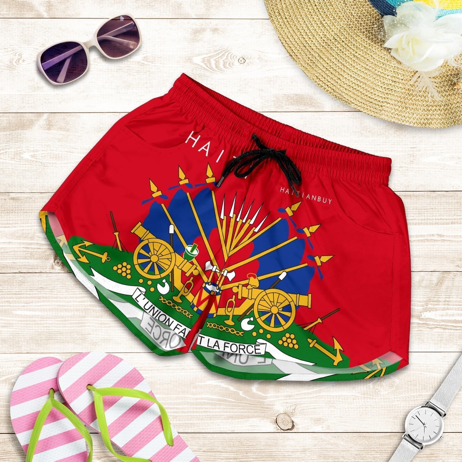 14-HT COAT OF ARMS OF HAITI Short Women -RED - Haitianbuy