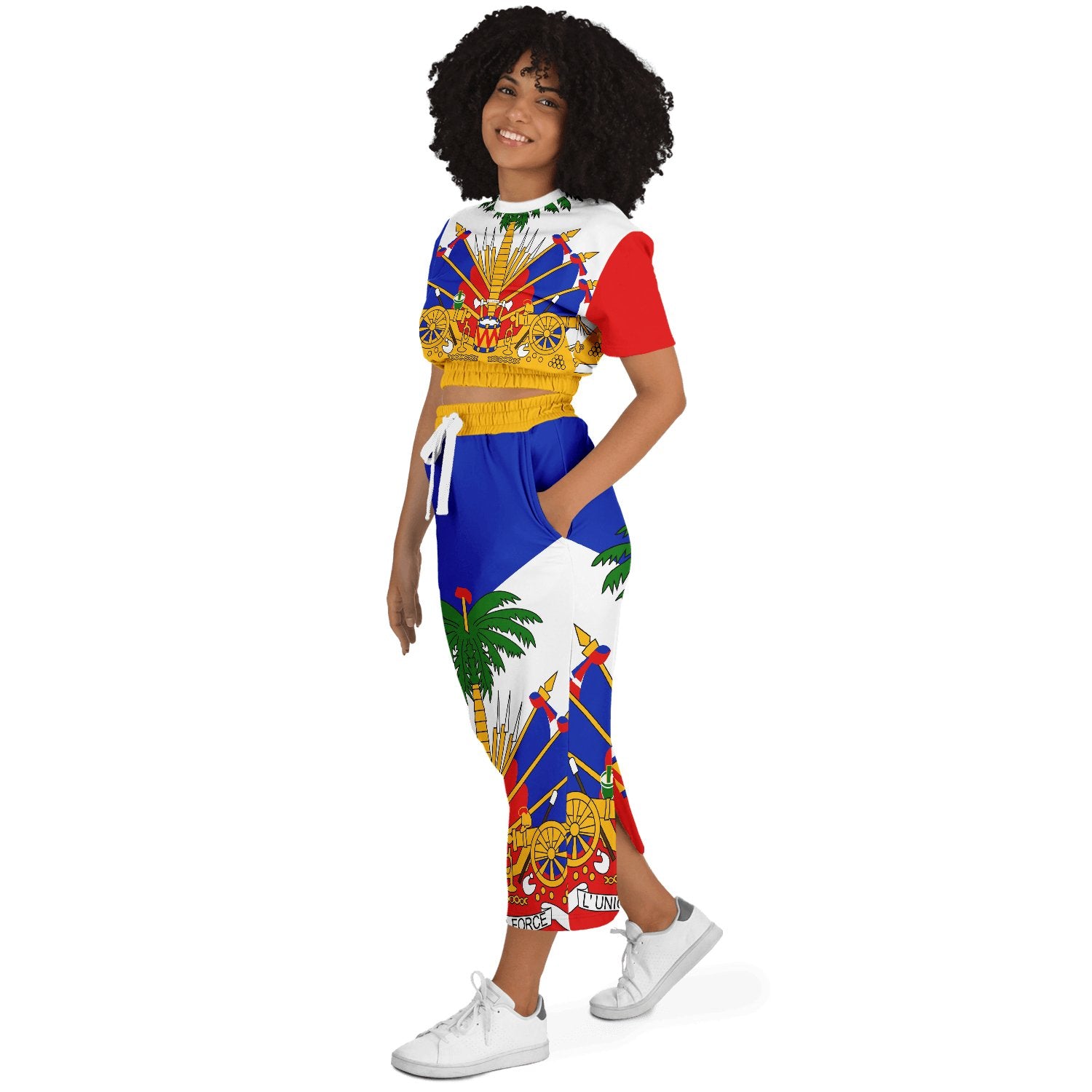COAT OF ARMS OF HAITI Fashion Cropped Short Sleeve Sweatshirt and Long Pocket Skirt - Haitianbuy