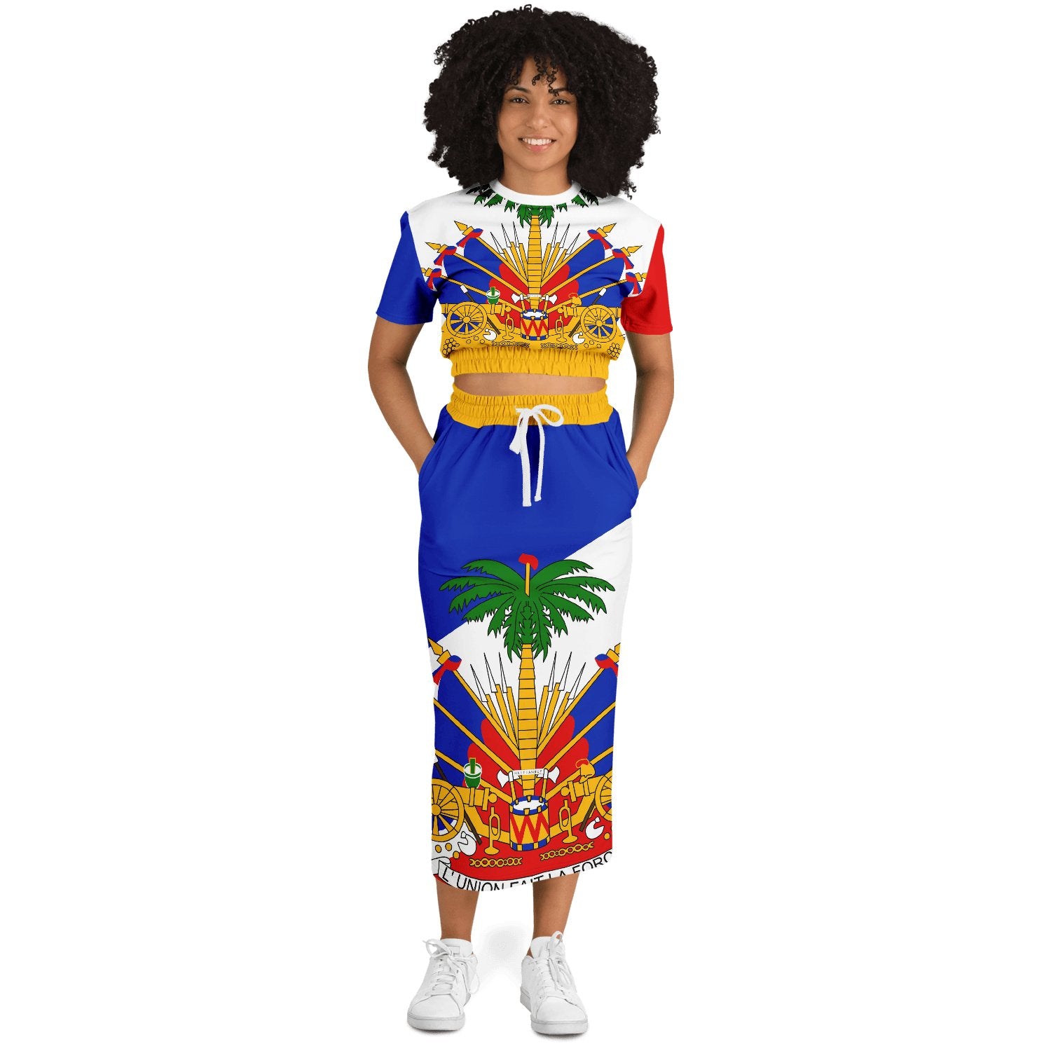 COAT OF ARMS OF HAITI Fashion Cropped Short Sleeve Sweatshirt and Long Pocket Skirt - Haitianbuy